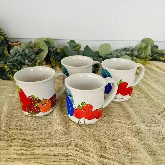 Nancy Lynn Daekor mugs Anthropomorphic Fruit Face ceramic coffee cup Berries 80s - Picture 1 of 10